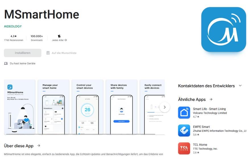 Die MSmartHome App im Google Playstore zum Download mit 4,3 von 5 Sternen